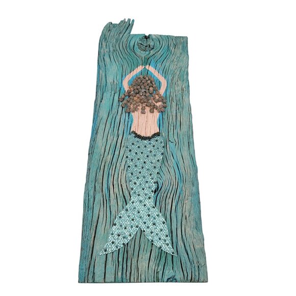 OOAK Handcrafted Mermaid Wall Art On Reclaimed Wood With Rope Hanger - Picture 1 of 3